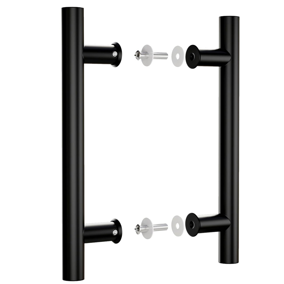 12" Round Black Push Pull Door Handle,Double Sided H Shape Sliding Door Handle,Matte Black,Stainless Steel,Fit for Glass Door Wooden Door 2 Pack