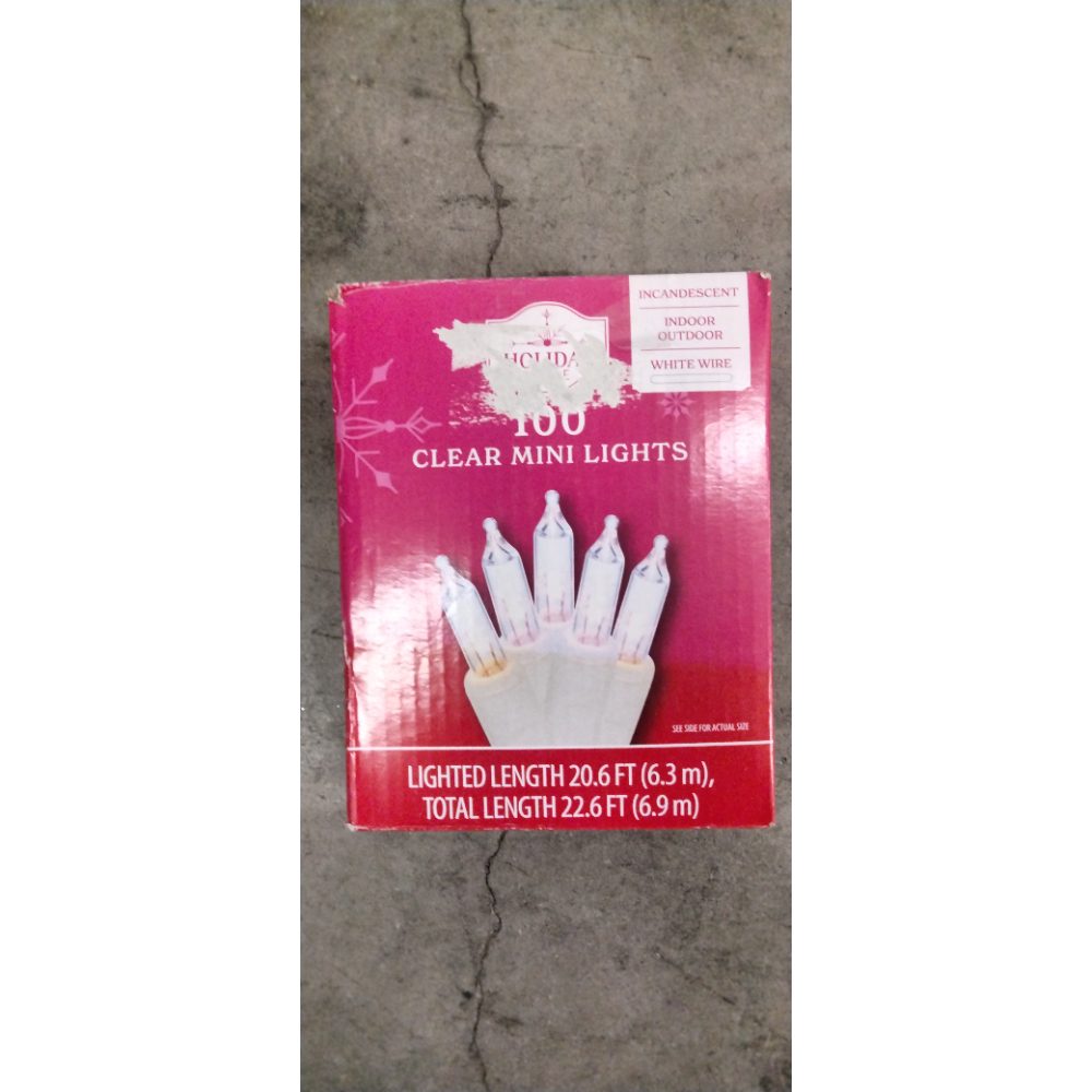 Holiday Time 100 Clear Mini Lights - Incandescent, Indoor/Outdoor, White Wire Retail $10.00