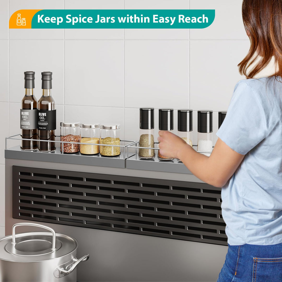 SYDWORKSHOP 30" Magnetic Shelf for Stove tops, 2 Pack 15'' Stove Spice Racks Organizer with Strong Magnets and Adhesive Pads for Small Kitchens (Silvery)