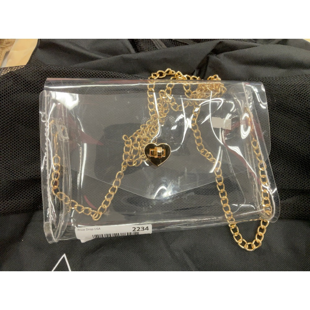 Clear Crossbody Bag - Gold Chain Strap, Heart Clasp