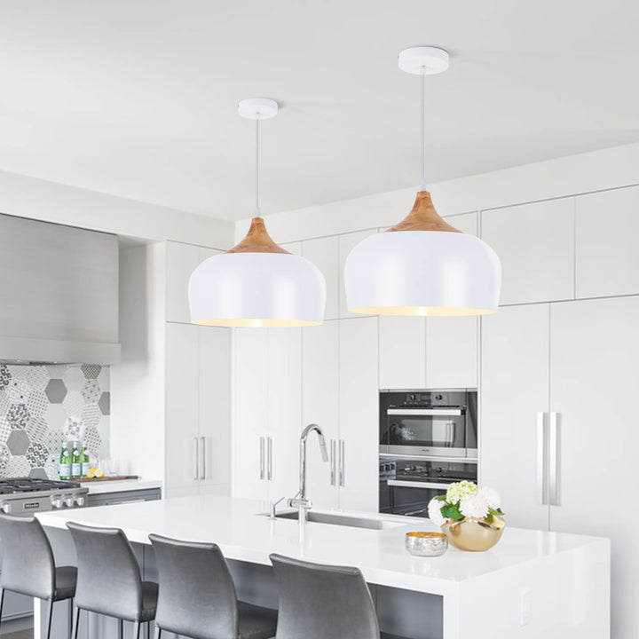 POLITAMP Modern Large Pendant Lights,Wooden Dome Pendant Light Fixture,Adjustable Hanging Pendant Lighting,ChandelierLamp for Kitchen Island,Dining Room,Hallway,Bedroom(White)