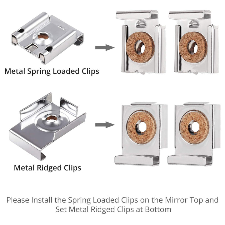 Kamtop 16 PCS Spring Loaded Mirror Hanger Clips, Unframed Mirror Holder Clips Set, Metal Mirror Wall Mounting Clips with Rawl Plugs and Screws (4 Sets)