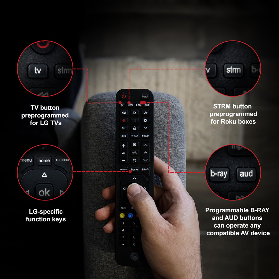 GE 4-Device Replacement Remote for LG Compatible with LED LCD HD UHD 4K HDR Smart TVs Plus Universal Remote Control Function for Streaming Players, Sound Bars, Blu-ray, DVD, and More, 57818