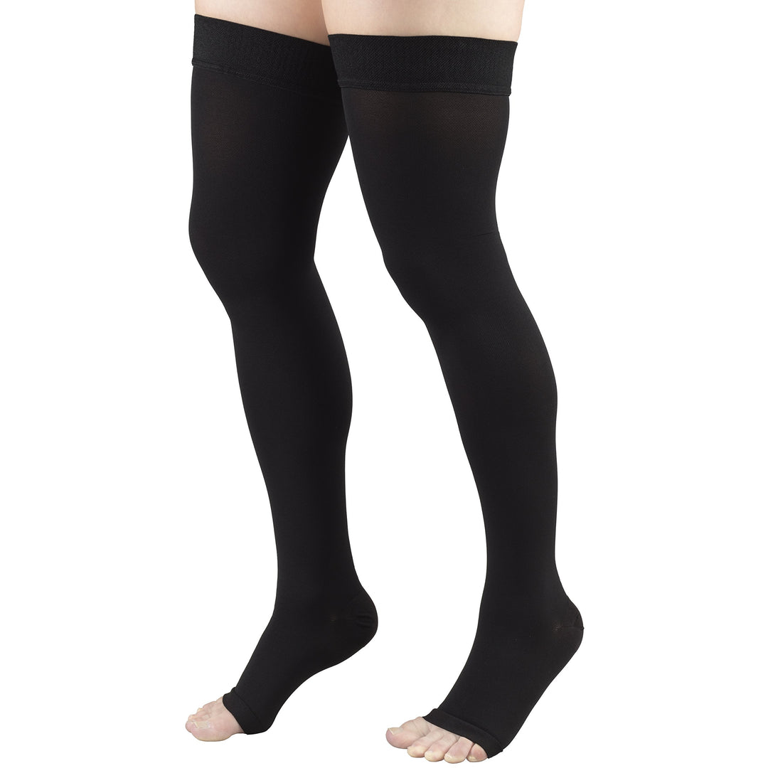 Truform 20-30 mmHg Compression Stockings for Men and Women, Thigh High Length, Dot-Top, Open Toe, Black, Large