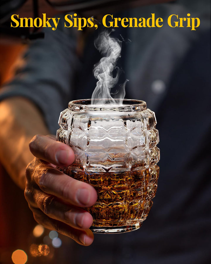 Cocktail Smoker Kit, with Unique Grenade Shaped Glass, Old Fashioned Bourbon Whiskey Smoker Kit with 4 Flavored Wood Chips, Personalized Birthday Gift for Man, Him, Dad