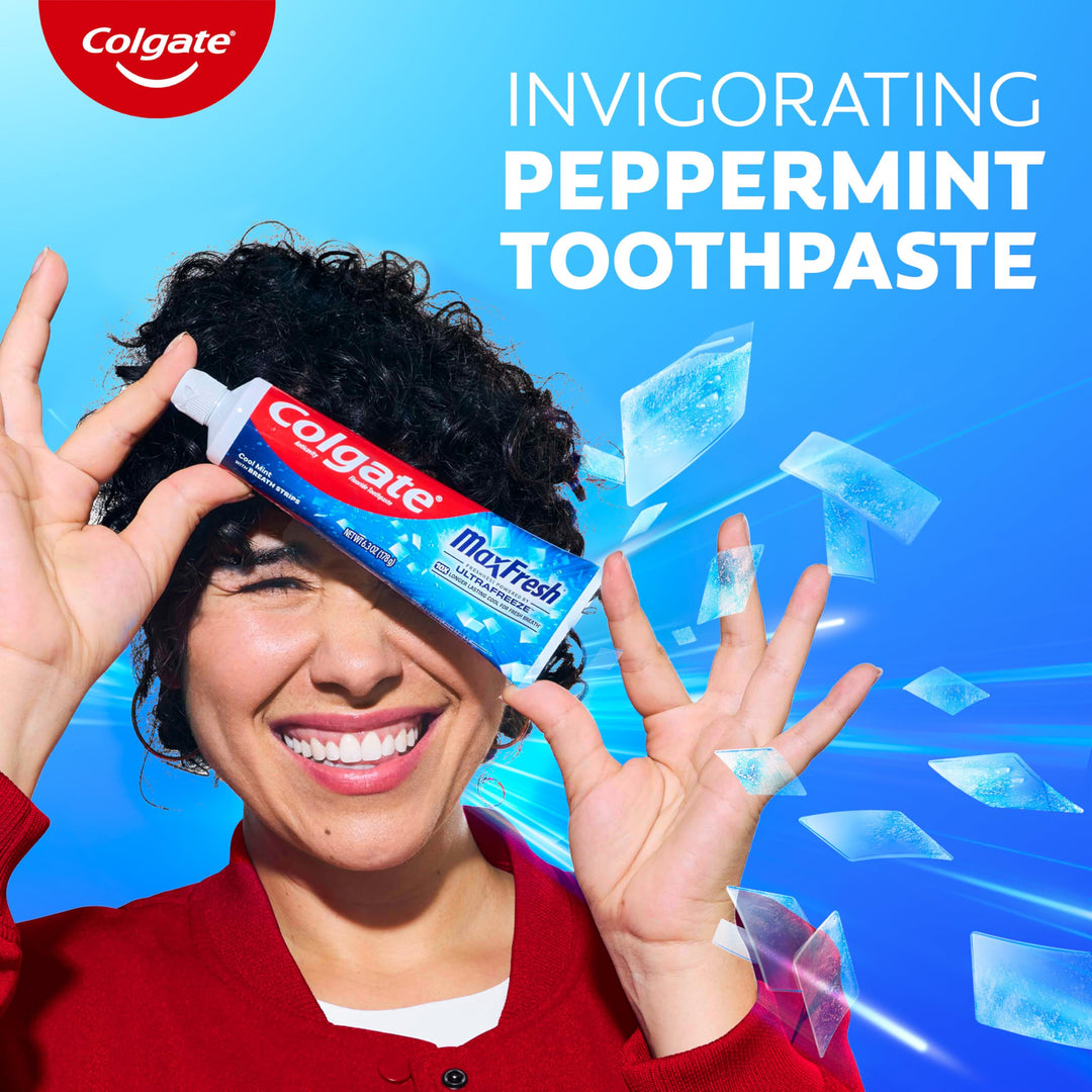 Colgate MaxFresh Cool Mint Toothpaste Pack, Fresh Breath Toothpaste with Fluoride and Hundreds of Mini Breath Strips, Leaves Mouth Feeling Refreshed for Hours, 6.3 oz