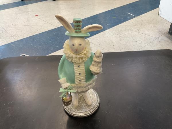 Easter Bunny Figurine - Top Hat, Ruffled Collar, Basket Holder - Green/Cream Retail $45.00
