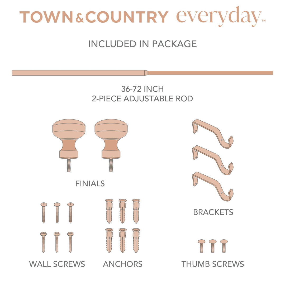 TOWN & COUNTRY EVERYDAY Modern Rounded Cap Single Indoor Curtain Rod and Finial Set, Easy Install Wall Mount, Oil Rubbed Bronze, Adjustable 36â€-72â€
