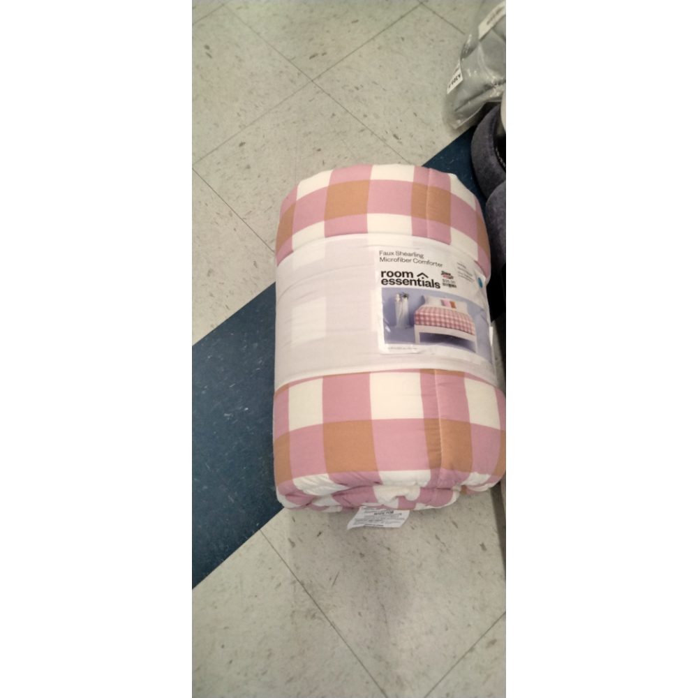 Full/Queen Faux Shearling Microfiber Reversible Comforter Pink/Rust Plaid - Room Essentialsâ„¢