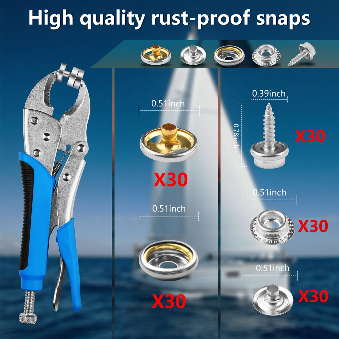 Generic Heavy Duty Snap Fastener Tool with 30 Set Boat Cover Snaps, Adjustable Snap Button Tool for Replacement of Metal Snaps, snap Tool for Boat Covers, Canvas, Leather, Fabric, Sewing, blue