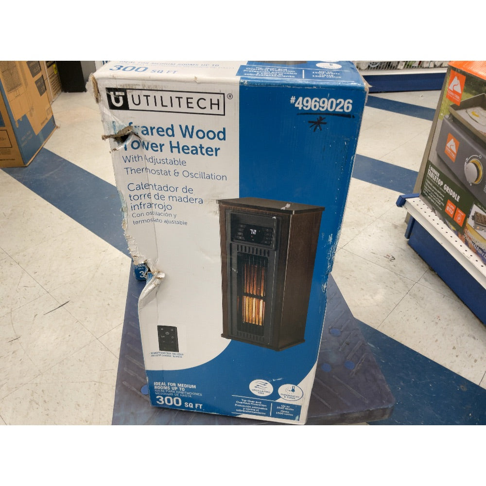 Utilitech Infrared Wood Tower Heater - Adjustable Thermostat, Oscillation, 300 sq ft