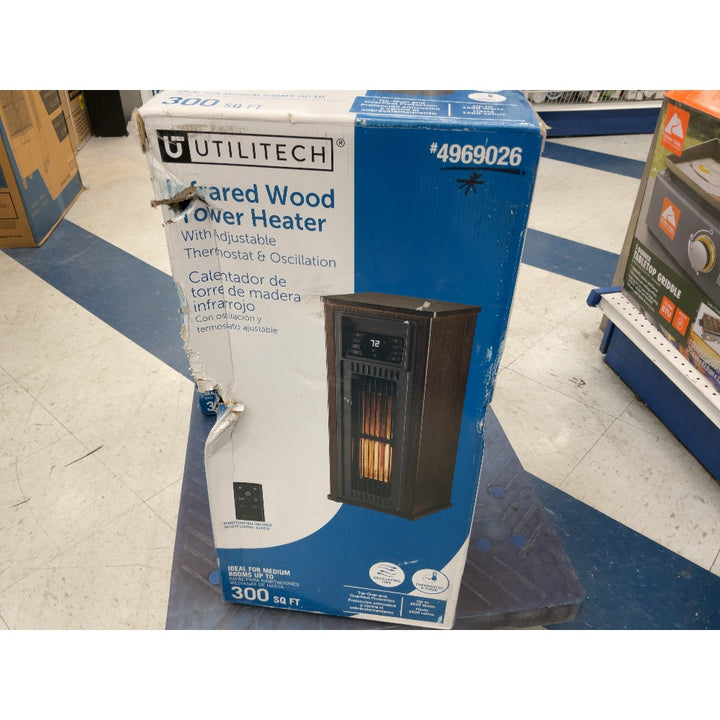 Utilitech Infrared Wood Tower Heater - Adjustable Thermostat, Oscillation, 300 sq ft