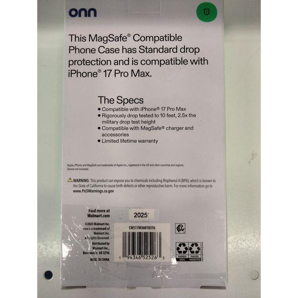 onn, iPhone 17 Pro Max, MagSafe Compatible, Standard Protection, Clear Retail $11.00