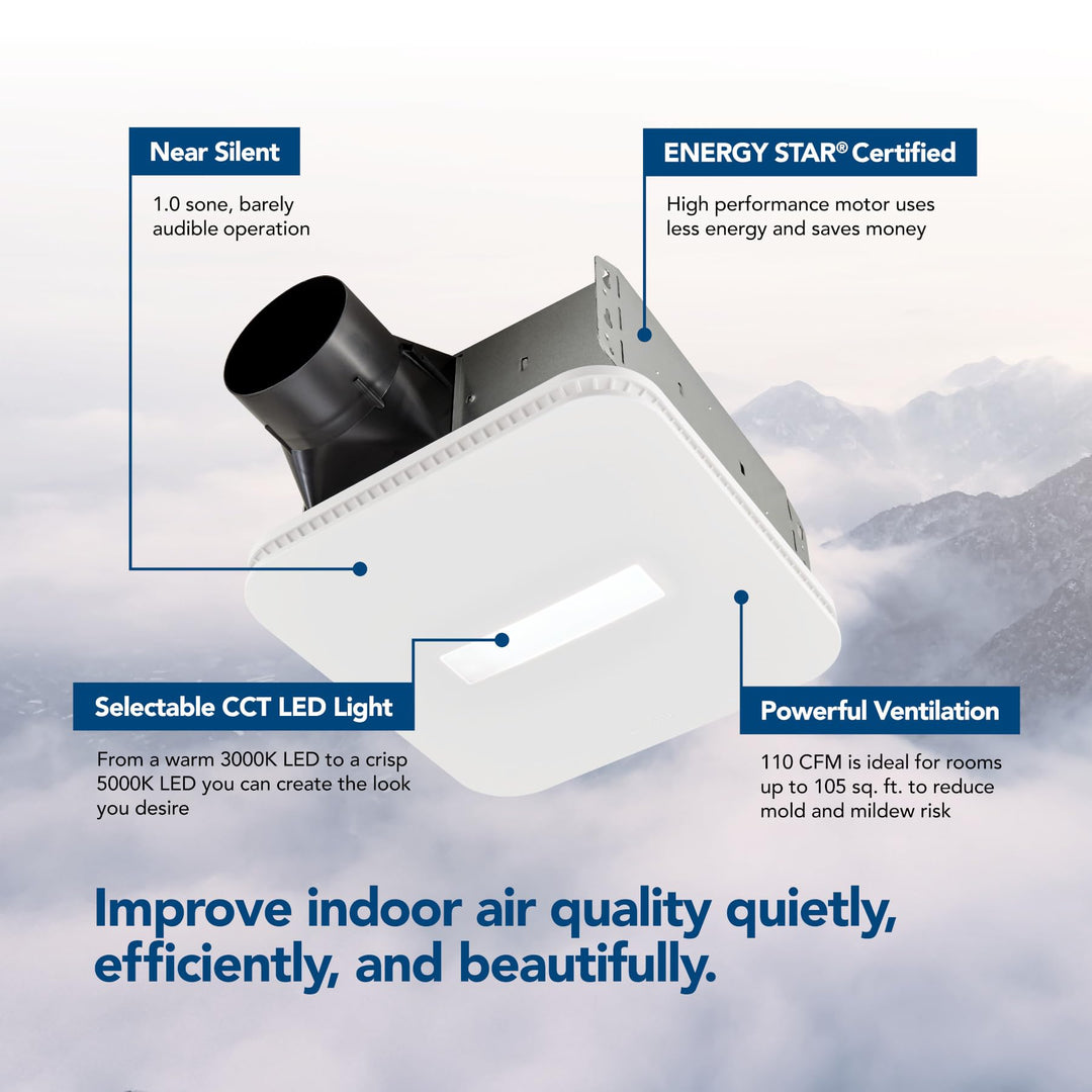 Broan-NuTone CleanCover, 110 CFM AER110CCTK Bathroom Exhaust, 1.0 Sone, with Selectable CCT LED Light, Energy Star Bath Fan, White