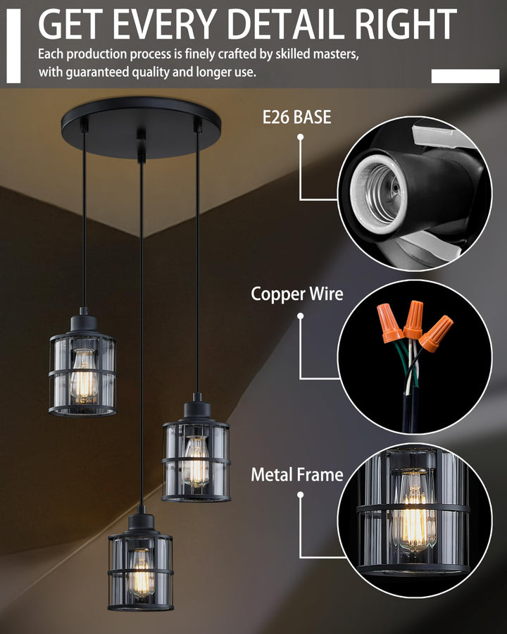 3 Light Metal Cage Clear Glass Ceiling Light Black Finish,Modern Flush Mount Ceiling Lighting Fixture for Dining Room Bar CafÃ© Kitchen Island