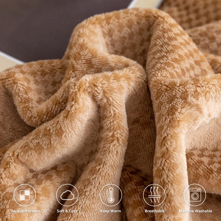 WELTRXE Fleece Blankets Twin Size 320GSM Thick Lightweight Plush Fuzzy Cozy Soft Twin Flannel Blanket for Bed, Sofa, Couch, Travel, Camping, Jacquard Plaid Soft and Warm Blanket Camel Brown, 59"Ãƒâ€”79"