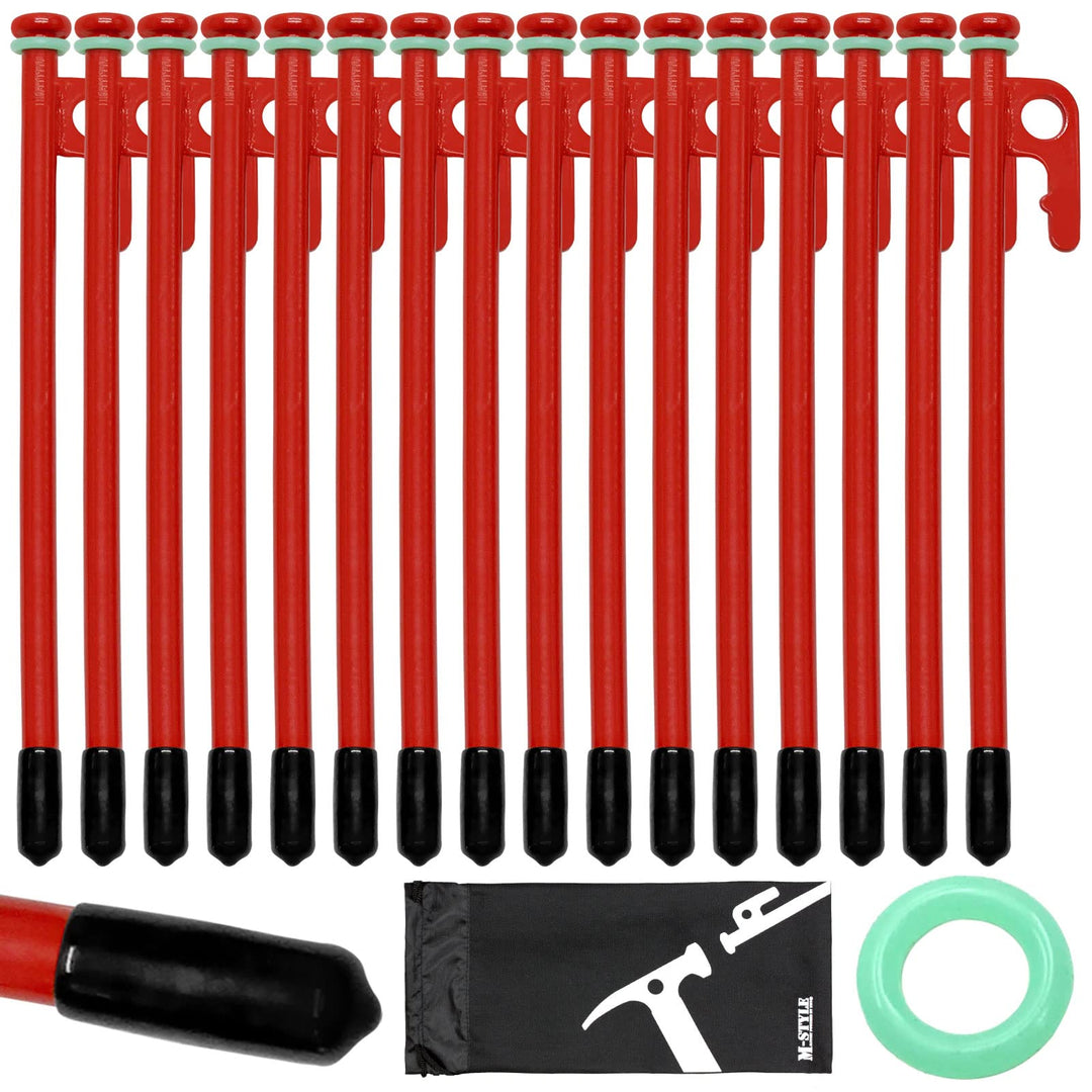M-STYLE Tent Stakes Heavy Duty 8 inch Steal Tent Pegs for Camping Ground Stakes for Outdoor Yard Garden Stake, 16 Pack with Caps, Fluorescent Silicone Rings, Special Bag (Red)