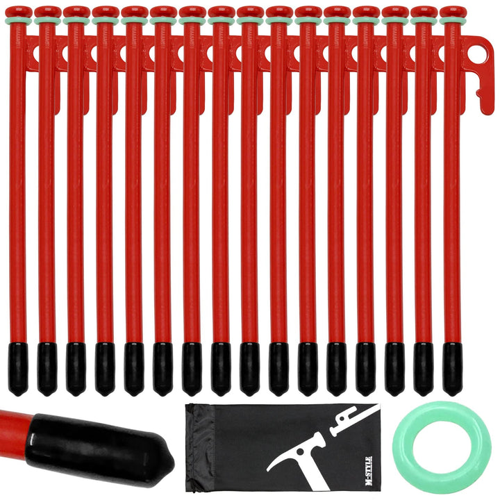 M-STYLE Tent Stakes Heavy Duty 8 inch Steal Tent Pegs for Camping Ground Stakes for Outdoor Yard Garden Stake, 16 Pack with Caps, Fluorescent Silicone Rings, Special Bag (Red)