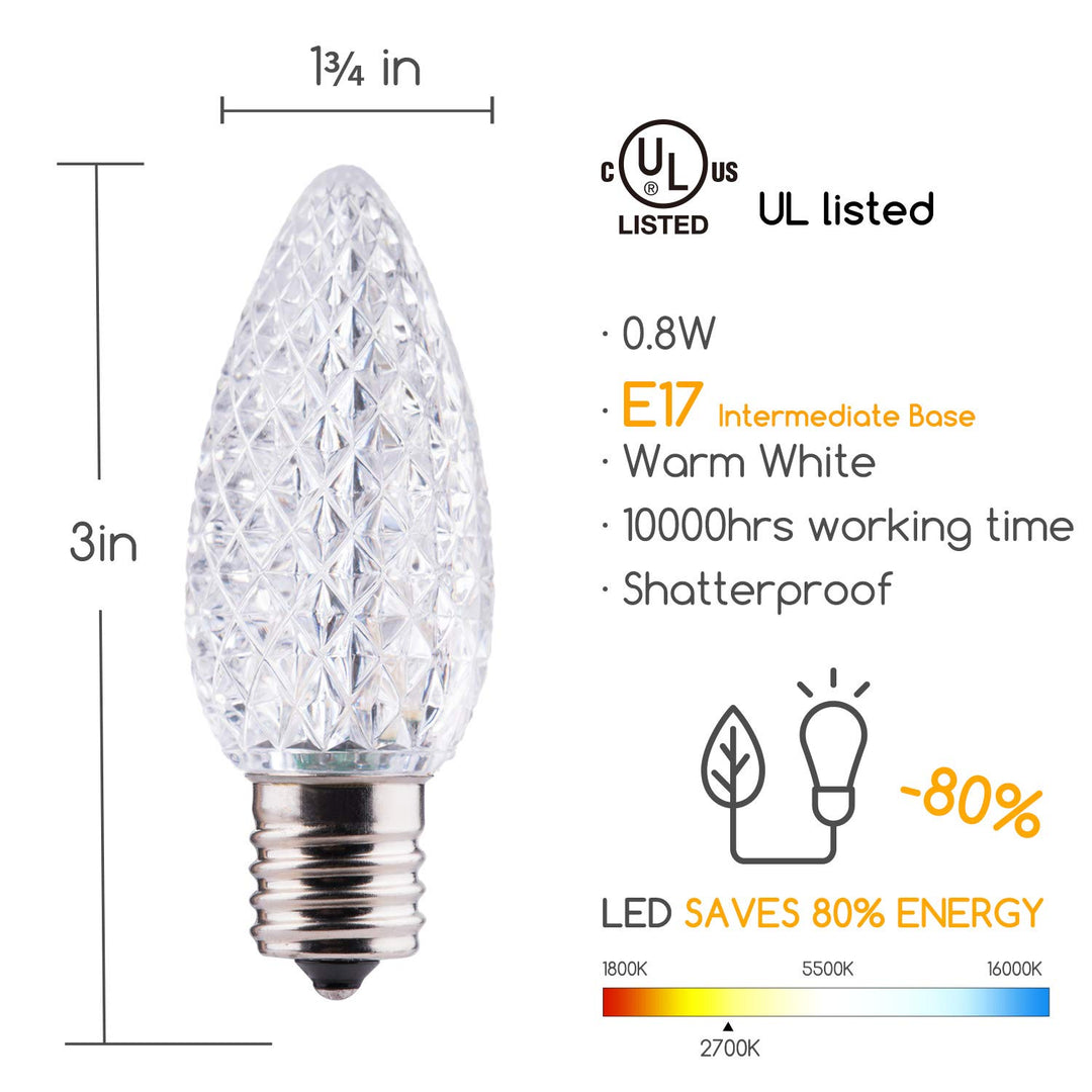 Brightown 25 Pack C9 Led Replacement Christmas Light Bulb, C9 Shatterproof Led Bulb for Christmas String Light, E17 Intermediate Base, Commercial Grade Dimmable Bulbs, 2 Diode (Led's), Warm White