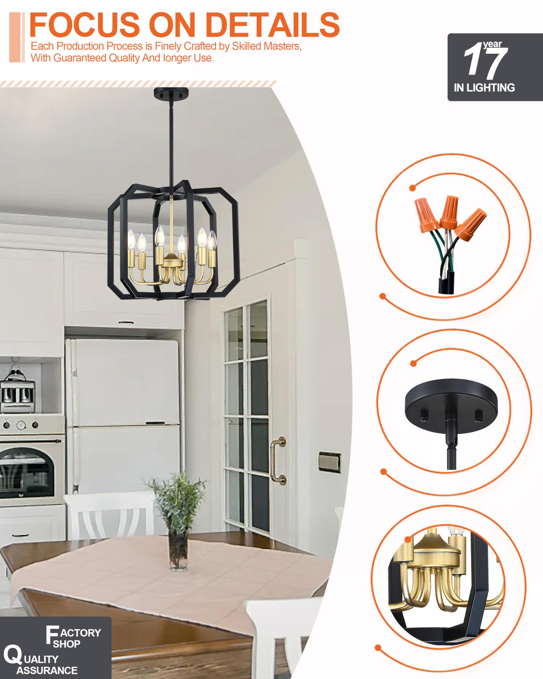 Doraimy Lighting 6 Light Farmhouse Adjustable Rod Black Pendant Light Fixtures Gold Finish,Rustic Hanging Ceiling Chandelier Light for Foyer Dining Room Kitchen Island Hallway