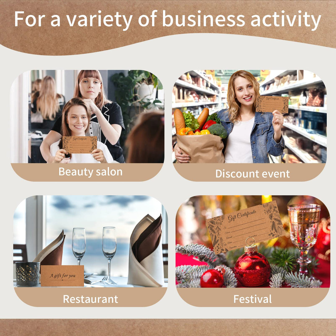 50 Sets Blank Gift Certificates with 50 Envelopes, 3.75 x 7.5 Inches Kraft Gift Certificate Cards, Paper Vouchers for Small Businesses, Holiday, Beauty Bars, Restaurants (Style 1)