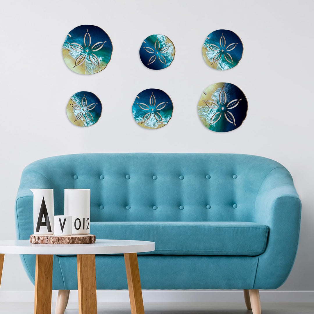 Ripeng 6 Pieces Sand Dollar Wall Decor Beach Coastal Wall Art Wood Outdoor Ocean Sand Dollars Decor Wooden Beach Hanging Nautical Bathroom Decor for Home