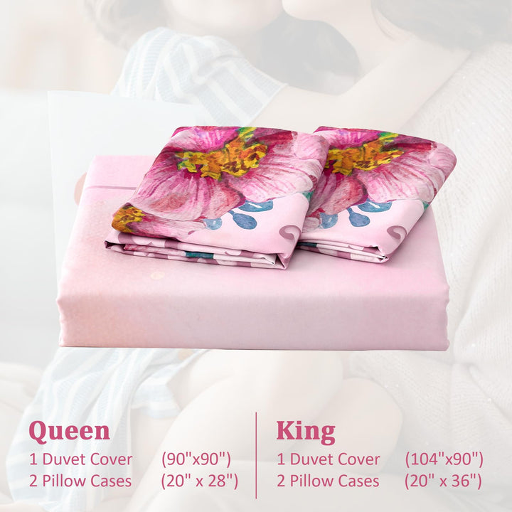 Menghomeus Happy Mothers Day Gifts for Mom Pink Floral Duvet Cover Set Queen Garden Bedding Sets Birthday Gifts for Mom from Daughter Son