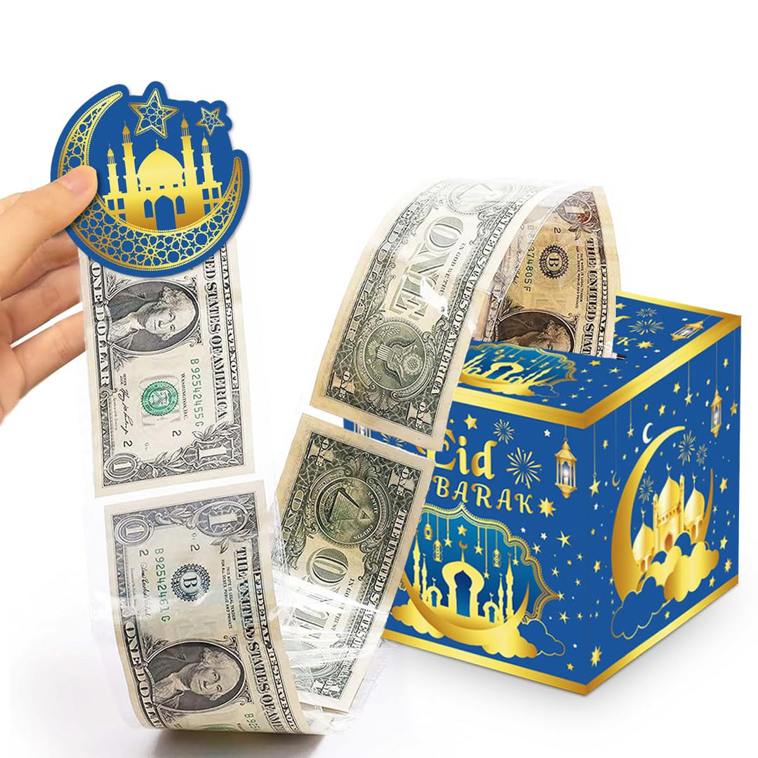 Eid Mubarak Money Box for Cash Gift Pull, Money Gift Boxes for Cash, Money Box for Cash Gift Black & Gold Money Holder for Cash with Pull Out Card DIY Set Surprise Eid Gift Box - Blue Gold