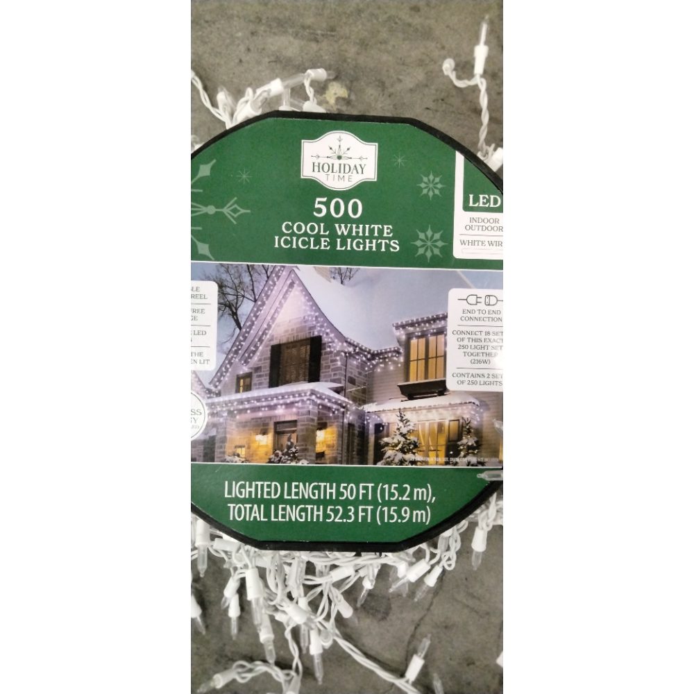 Holiday Time 500 Cool White Icicle Lights - LED, Indoor/Outdoor, 50 ft Lighted Length Retail $35.00