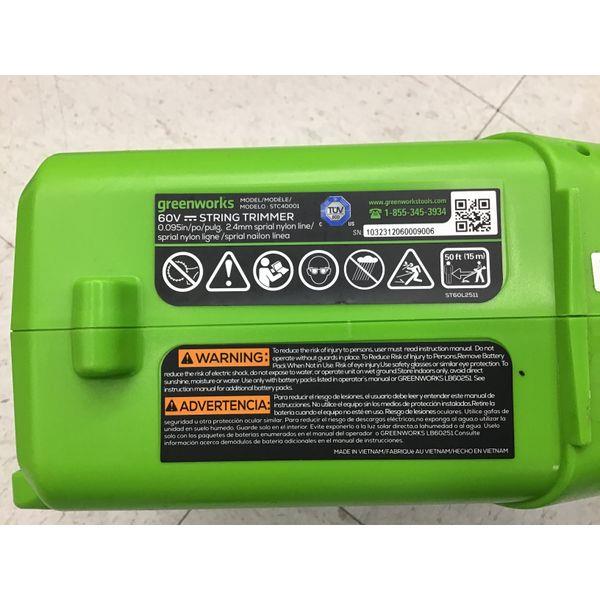 Greenworks 60V STC40006 String Trimmer - Cordless, 0.095in line, Spiral nylon line (NO BATTERY NO CHARGER) Retail $120.00