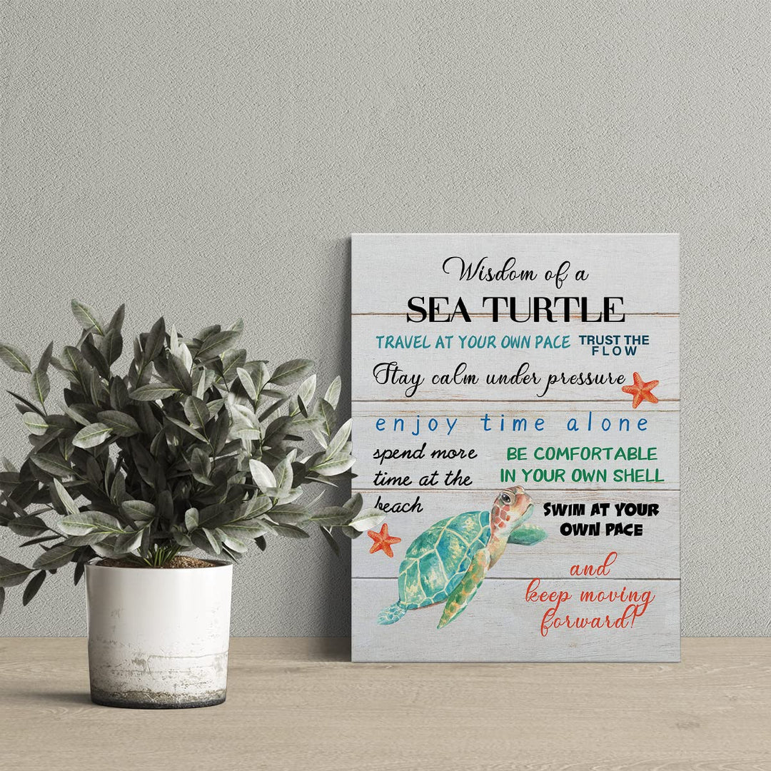 Inspirational Beach Canvas Wall Art Decor Wisdom of a Sea Turtle Poster Painting Framed Rustic Coastal Print Signs Picture for Home Room Decor 12 X 15 inch