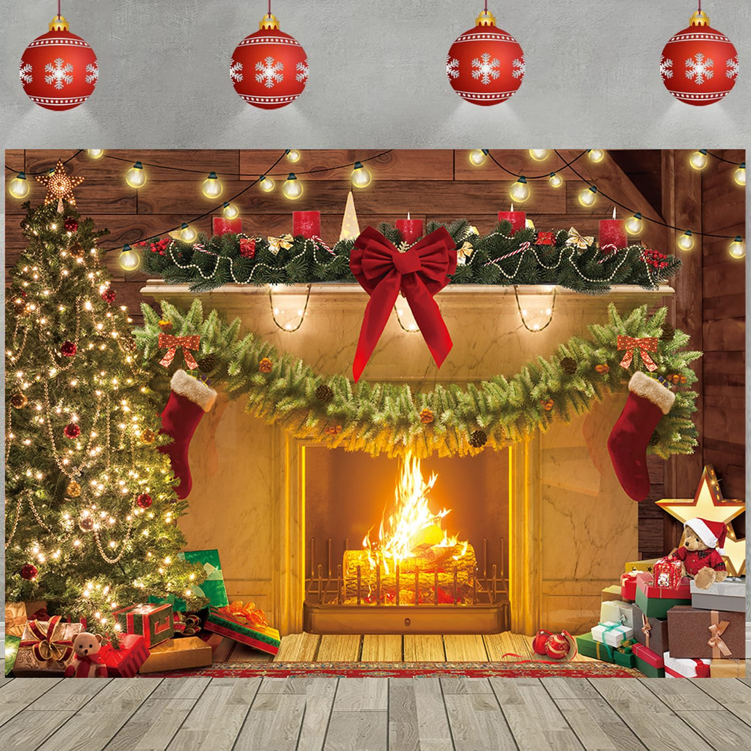 Christmas Fireplace Theme Backdrop Xmas Tree Gift Rustic Wooden floor Photography Background Baby Kids Christmas Family Party Decorations Banner Photo Prop (82x59inch)