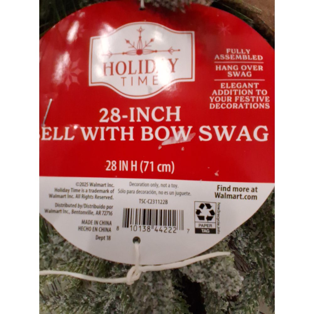 Holiday Time 28-Inch Bell with Bow Swag - Fully Assembled, Elegant Festive Decoration Retail $20.00