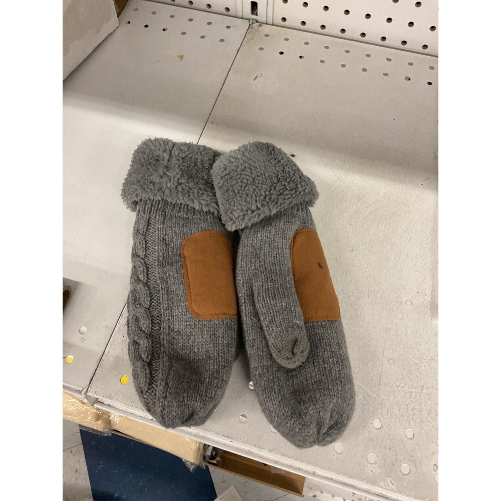 Grey Mittens - Faux Fur Cuff, Leather Patch, Knit
