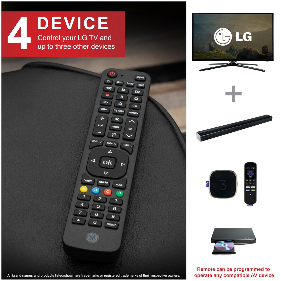 GE 4-Device Replacement Remote for LG Compatible with LED LCD HD UHD 4K HDR Smart TVs Plus Universal Remote Control Function for Streaming Players, Sound Bars, Blu-ray, DVD, and More, 57818