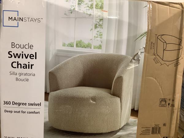 Mainstays Boucle Swivel Chair - 360 Degree Swivel, Deep Seat, Taupe Boucle Retail $182.00