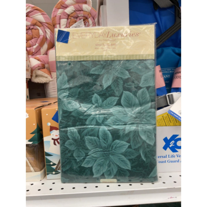 Newbridge Hunter Green Poinsettia Scroll Vinyl Christmas Tablecloth with Flannel Backing, Poinsettia and Holly Damask Look Vinyl Flannel Back Tablecloth, 60â€ x 84â€ Oval