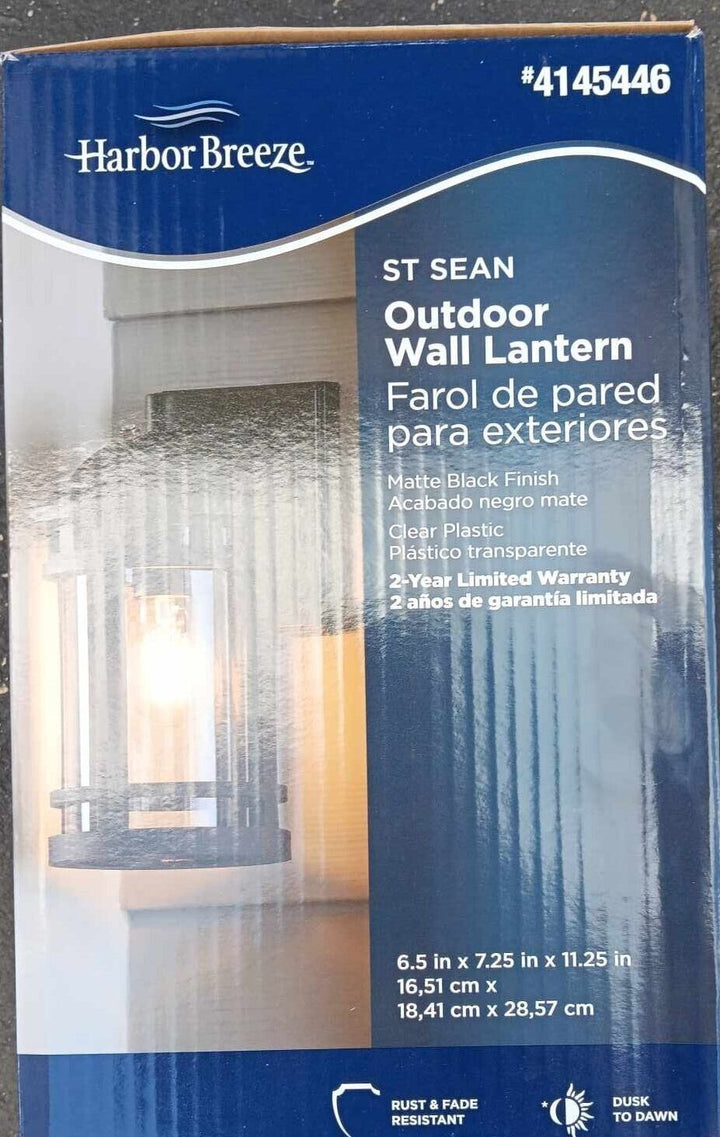 Harbor Breeze St Sean Outdoor Wall Lantern Matte Black 6.5inX7.25inX11.25in NEW