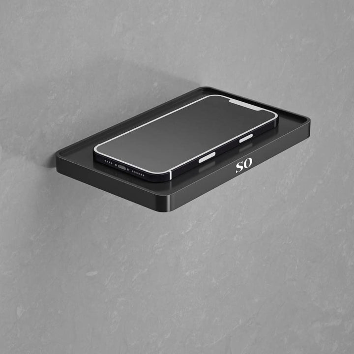 Step One Toilet Paper Holder with Shelf - Modern, Sleek Design - Phone/Accessories Holding Shelf - Matte Black - Adhesive Wall-Mount - Sturdy Easy Fixture, 1 min Installation, No Screws,