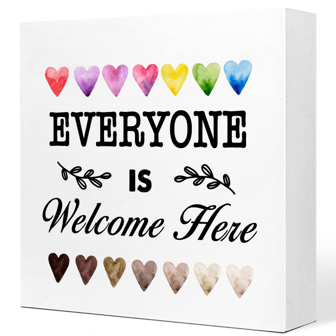 Everyone Is Welcome Here Wooden Box Sign Desk Decor,Classroom Welcome Sign,Back to School Welcome Sign,Welcome Sign for Classroom Shelf Decor