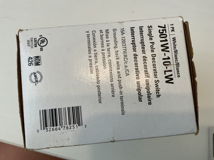 Eaton 7501W-10-LW Single Pole Decorator Switch White 15A 120V/277V