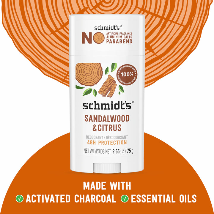 Schmidt's Aluminum-Free Vegan Deodorant Sandalwood & Citrus for Women and Men, with 24 Hour Odor Protection, Natural Ingredients, Cruelty-Free, 2.65 oz
