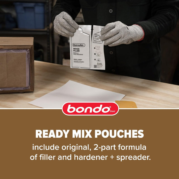 bondo Wood Filler Ready Mix Pouches, Contains 2 Wood Filler Pouches 2 oz with 2 Hardners and 1 Spreader, Repairs Chips and Cracks in Wood, Sandable, Paintable, and Stainable (WF-2PK-ES)