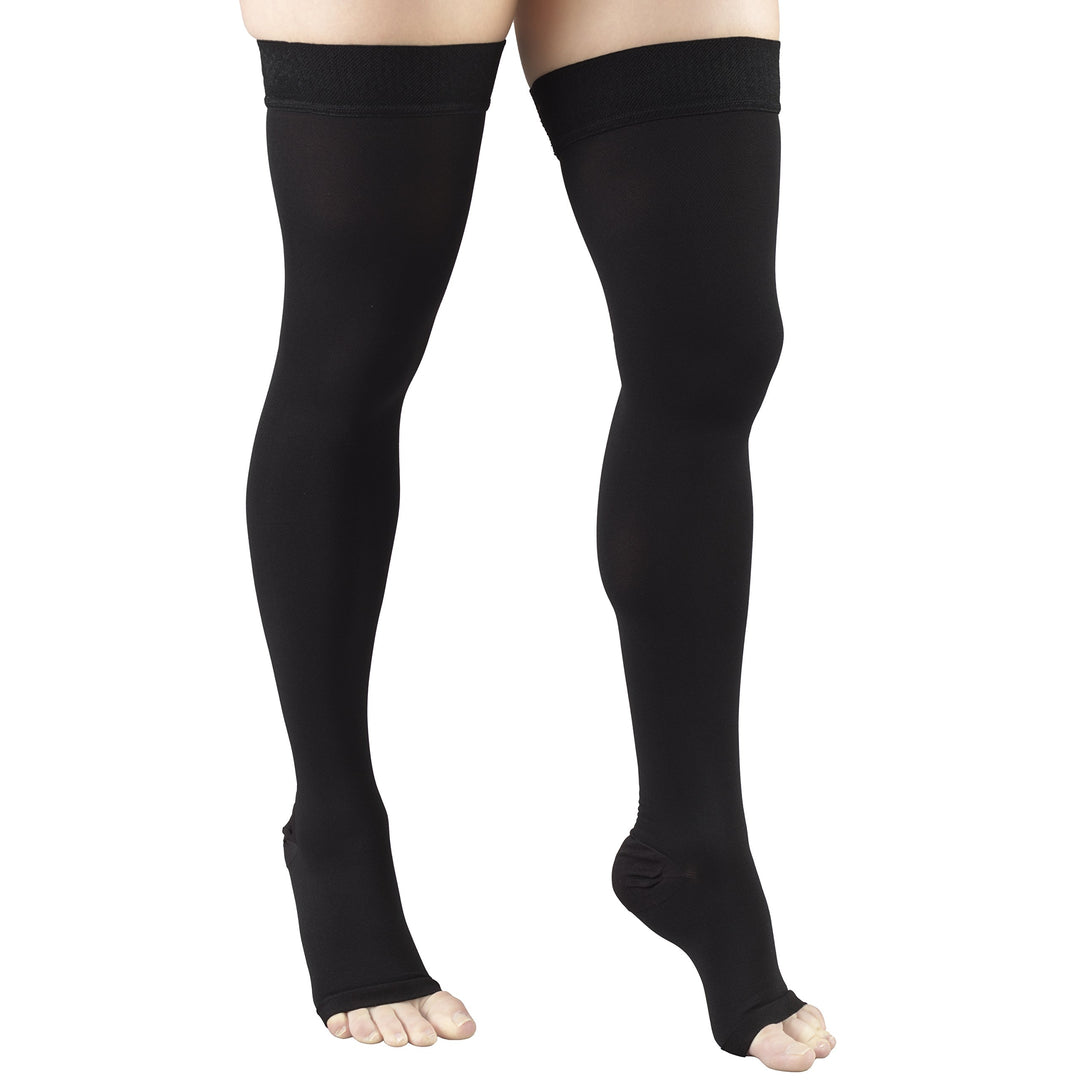 Truform 20-30 mmHg Compression Stockings for Men and Women, Thigh High Length, Dot-Top, Open Toe, Black, Large