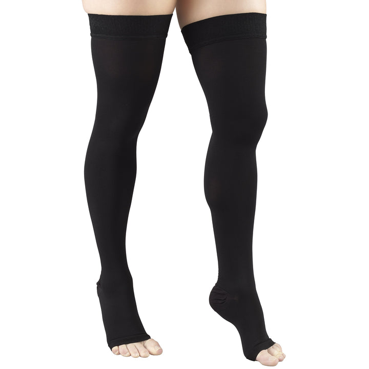 Truform 20-30 mmHg Compression Stockings for Men and Women, Thigh High Length, Dot-Top, Open Toe, Black, Large