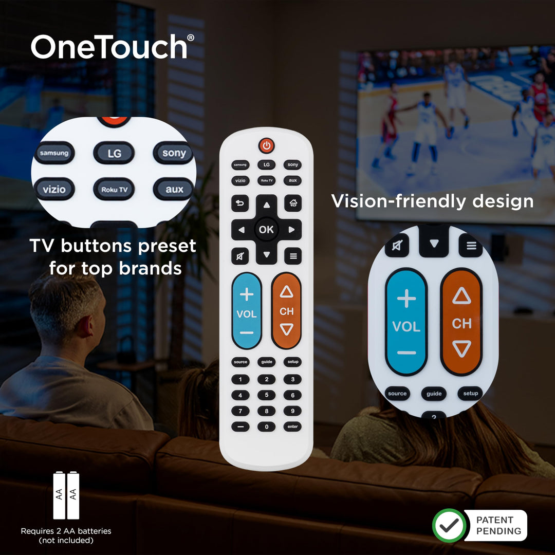 GE BigEZ OneTouch Big Button Universal TV Remote for Seniors, Easy to Use, Replacement Remote for Samsung, LG, Sony, Vizio, Roku TV, Streaming Players, Backlit Buttons, 2 Device, White, 84666