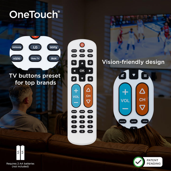 GE BigEZ OneTouch Big Button Universal TV Remote for Seniors, Easy to Use, Replacement Remote for Samsung, LG, Sony, Vizio, Roku TV, Streaming Players, Backlit Buttons, 2 Device, White, 84666