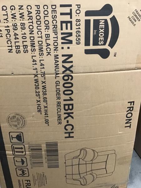 NEXOES NX6001BK-CH Manual Glider Recliner - Black Retail $509