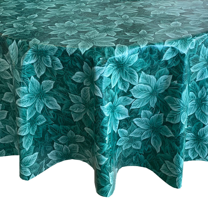 Newbridge Hunter Green Poinsettia Scroll Vinyl Christmas Tablecloth with Flannel Backing, Poinsettia and Holly Damask Look Vinyl Flannel Back Tablecloth, 60â€ x 84â€ Oval