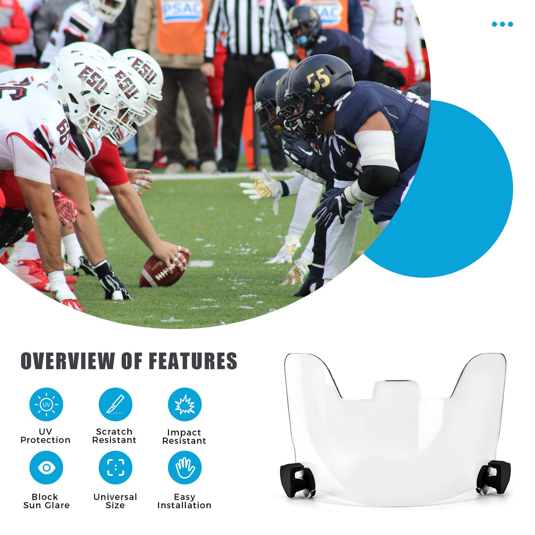 KUBQLIG Clear Football Helmet Visor Shield - Anti-Scratch Shatterproof Lens for Youth/Adult Football & Lacrosse Helmets | Universal Fit Protective Face Shield with Quick-Release Clips